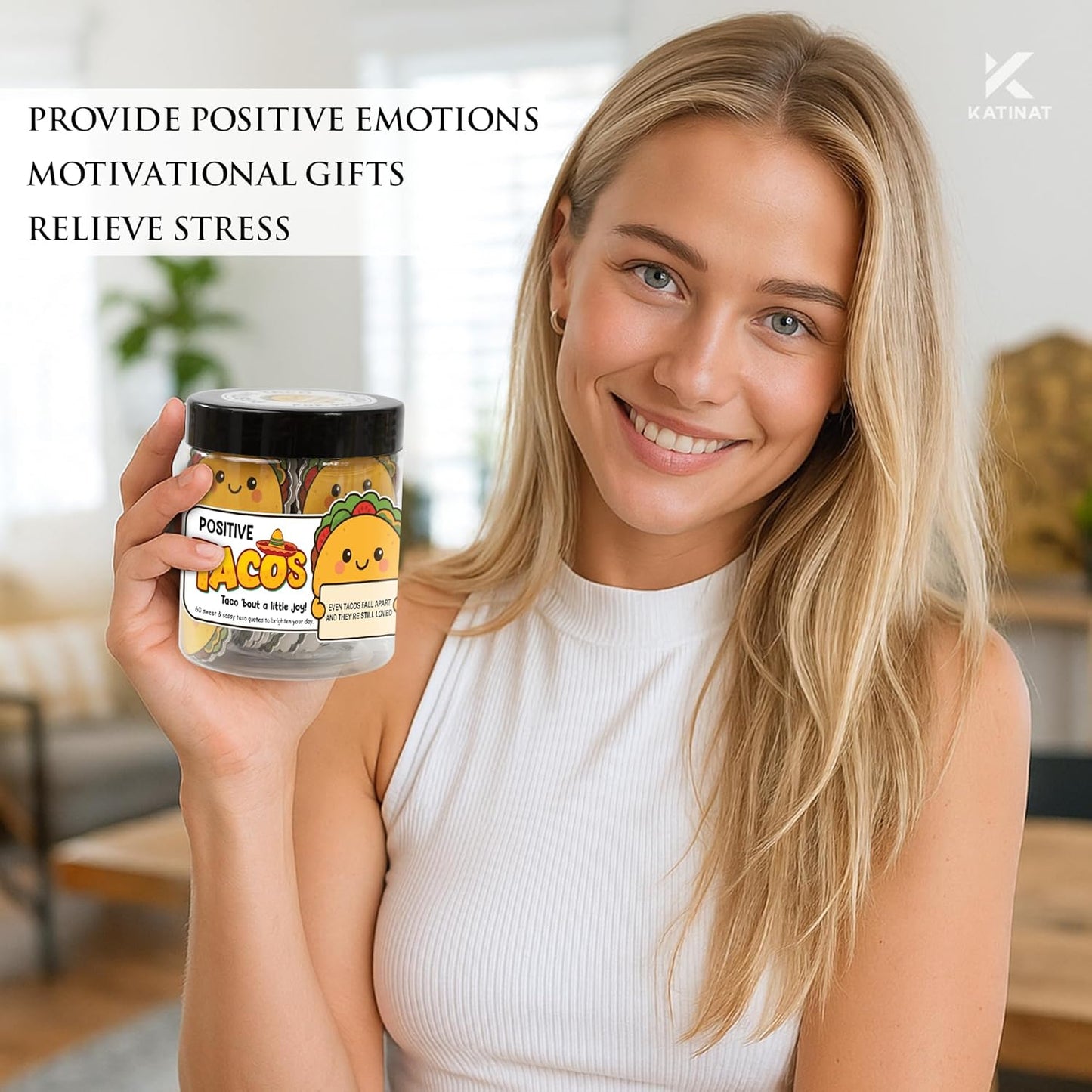 Positive Taco Jar – 60 Funny Emotional Support Taco, Back to School Gift for Students, Teachers, White Elephant Gifts For Women, Men, Corworker, Mental Health Gift, Birthday Gifts for Women