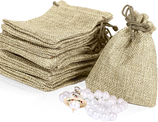 LYSXP 50PCS Burlap Bags with Drawstring，3x4 Inch Cream color Drawstring Gift Bag Jewelry Pouches for Wedding Party Favors, DIY Craft