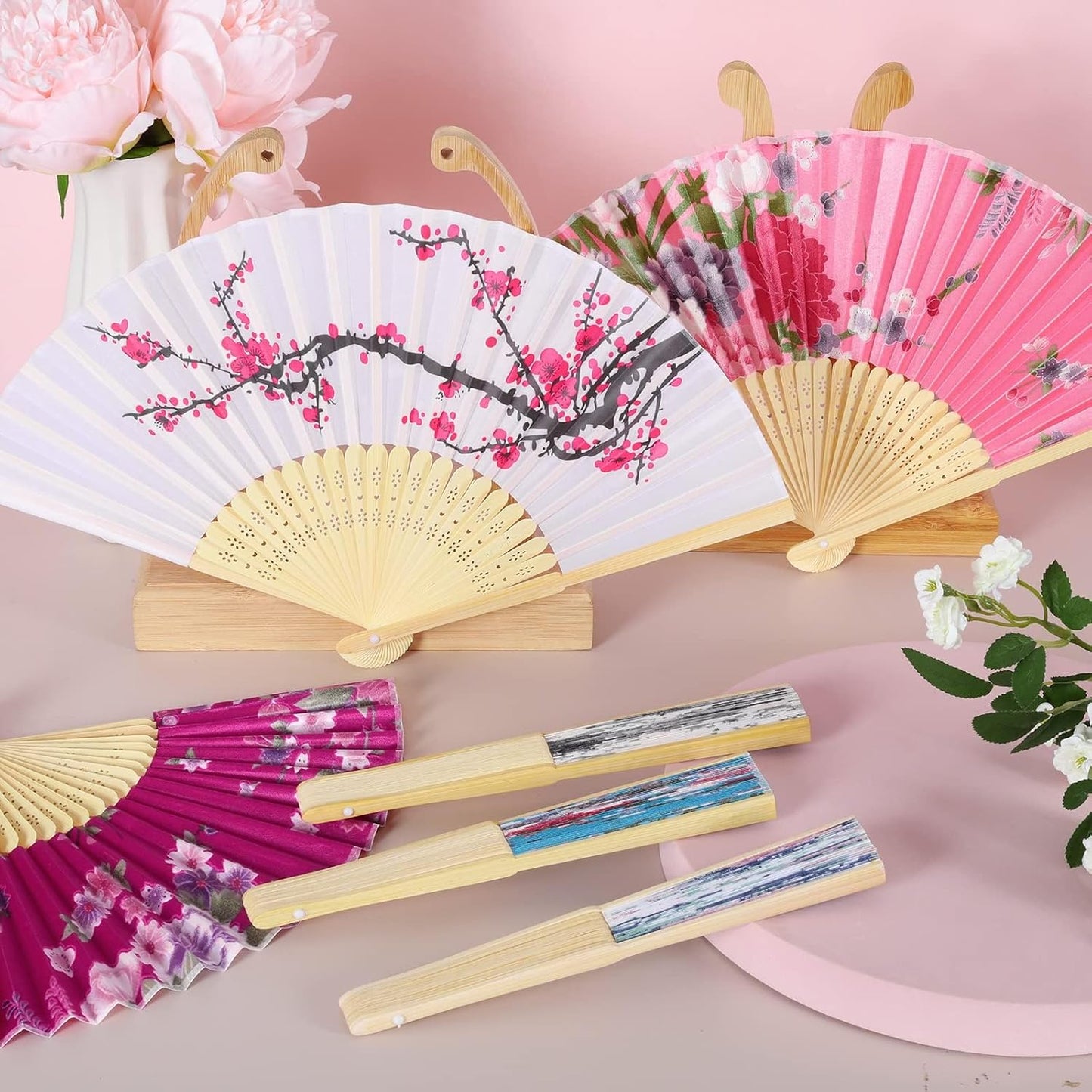Aodaer 20 Pack Floral Folding Fans Chinese Style Handheld Fans Silk Bamboo Fans Decorative Fans for Wedding, Party Favors