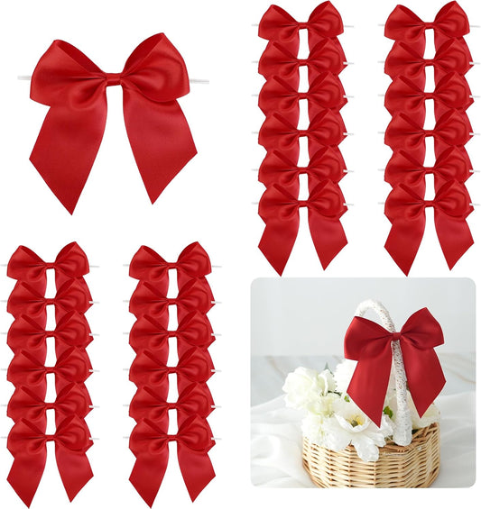 5'' Red Bow Party Decorations Satin Bows, Twist Tie Bows for Treat Bags, Cake Pops, Pre-Tied Bow Premade Ribbon Bows for Crafts, Holiday Bows for Gift Wrapping, Wedding Decor-24 Counts