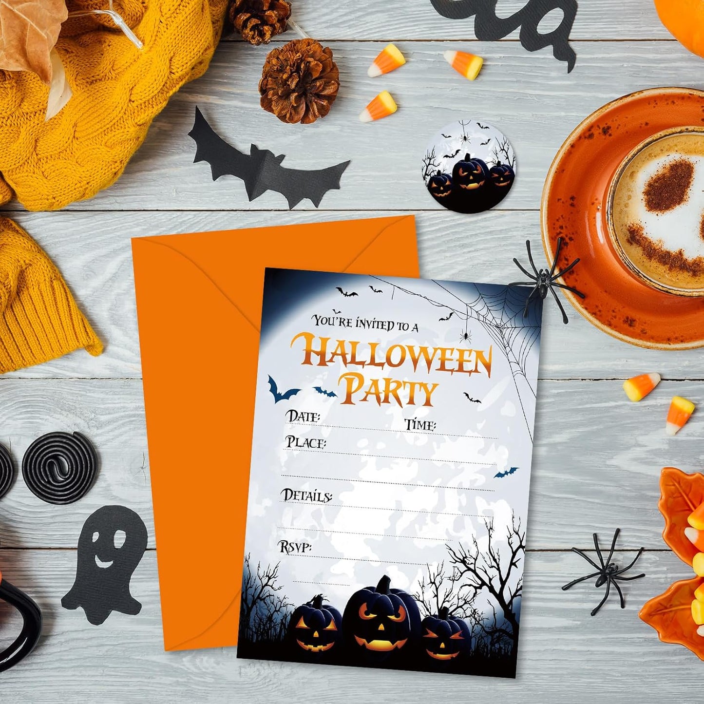 20 Pack Halloween Invitations with Envelopes Stickers Spooky Pumpkin Invitation Cards Blank Invites for Party Supplies, 5 x 7 Inch