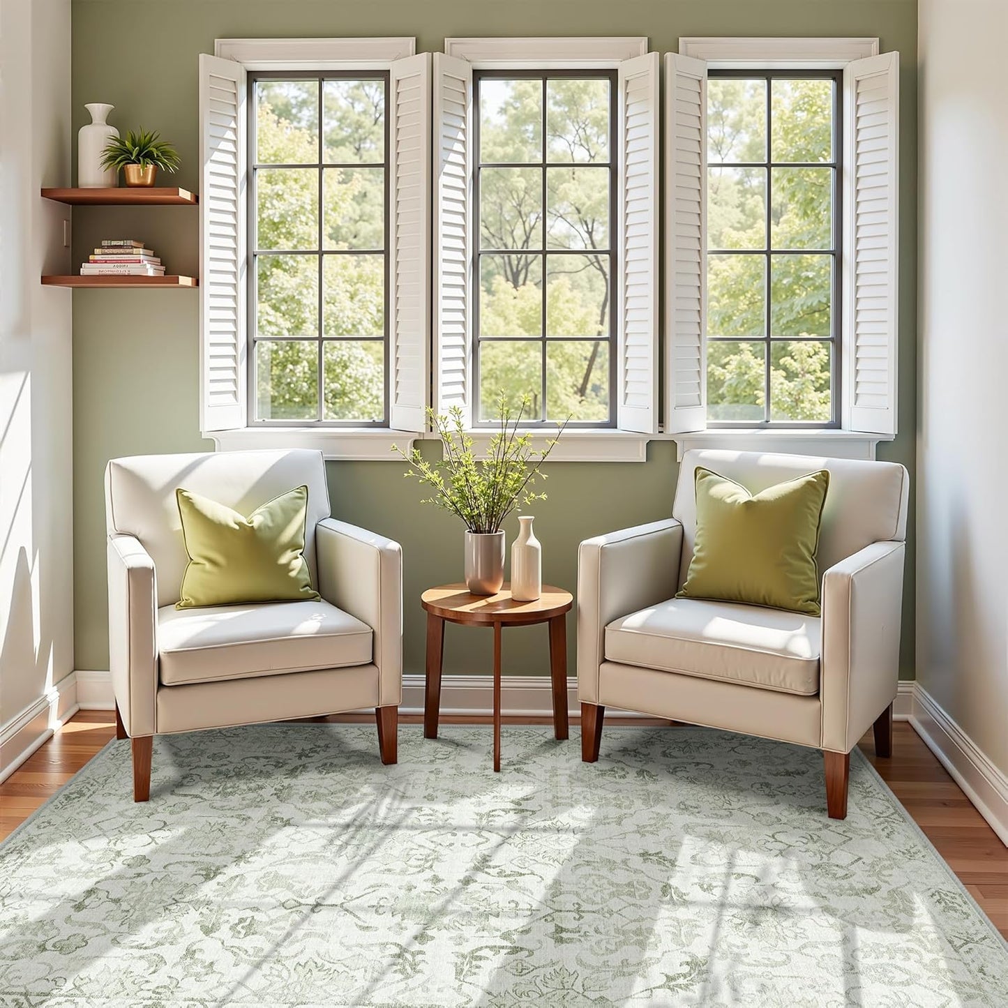 Sage Vintage Area Rug 4x6 for Living Room Bedroom, Washable Distressed Farmhouse Soft Thin Non-Shedding Indoor Throw Rug, Traditional Accent Carpet for Bedroom Office