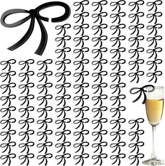 60 Pcs Acrylic Bowknot Wine Glass Charms,Black Coquette Drink Markers Decorative Tags for Bachelorette,Wedding,Birthday & Engagement Parties Coquette Themed Party Decor Accessories