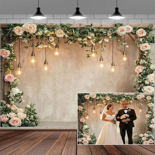 15x10ft Country Wedding Photography Backdrop Floral Rustic Roses Farmhouse Wooden Door Backdrop Pink Flower Birthday Baby Shower Wedding Bridal Party Banner Photo Booth Props Anniversary Background