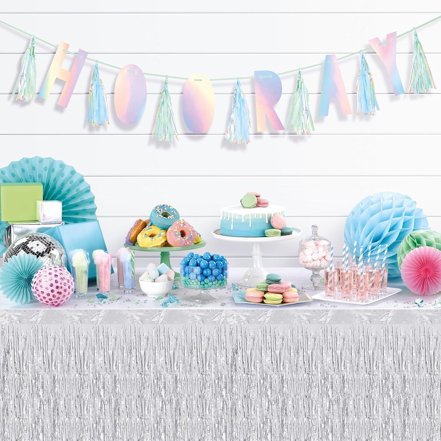 4 Pack 29.5x108 Inch Metallic Foil Fringe Tinsel Table Skirts, Streamer Garland Curtains Backdrop for Rectangle Tables Wedding Birthday Parade Floats Christmas Party Decoration(Silver)