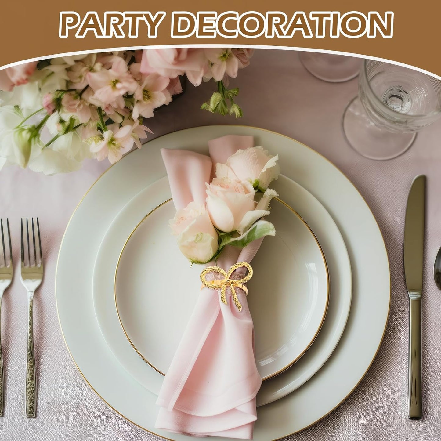 Bokon 50 Pcs Gold Napkin Rings Metal Napkin Holders Rings Bulk for Dining Anniversary Wedding Dinner Birthday Holiday Party Banquet Table Decoration (Bow Tie)