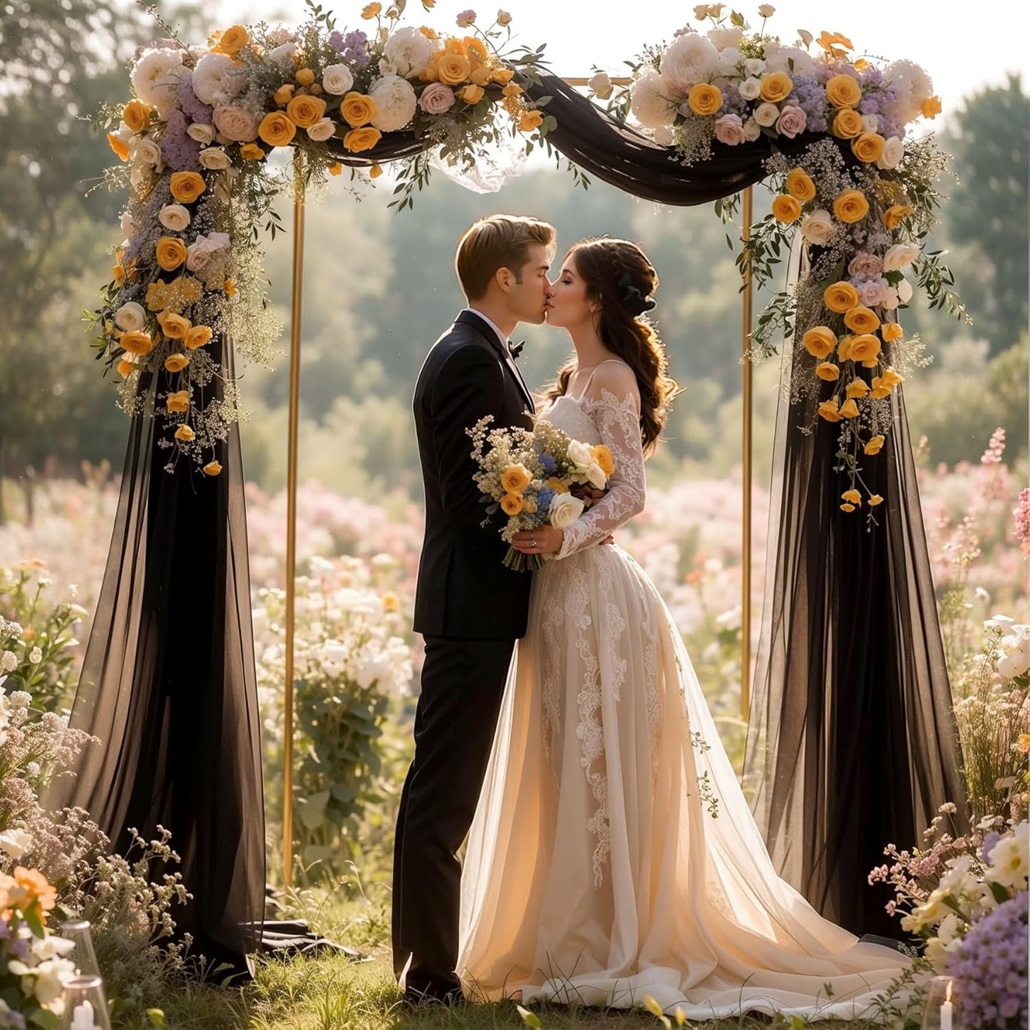 Black Wedding Arch Draping Fabric 2 Panels 19 FT Arch Drapes Sheer Backdrop Curtains Panels for Wedding Ceremony Party Ceiling Decoration