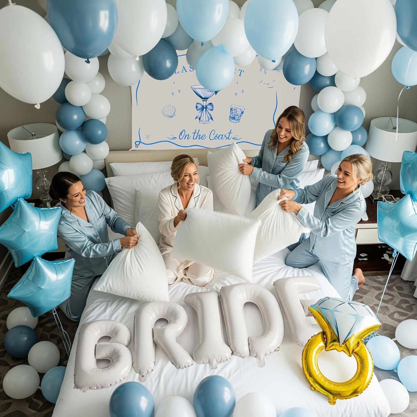 Last Toast on the Coast Bachelorette Decorations Blue bridal shower Blue Balloon Garland Kit with Backdrop Huge 40 inch BRIDE letter Diamond Ring balloons for Hen Party Wedding Engagement supplies