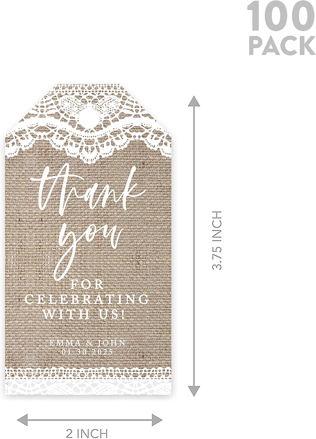 Andaz Press 100-Pack Personalized Thank You Tags with Bakers Twine Burlap Lace Custom Cardstock Wedding Gift Tags for Wedding Party Favors 2 x 3.75-Inches