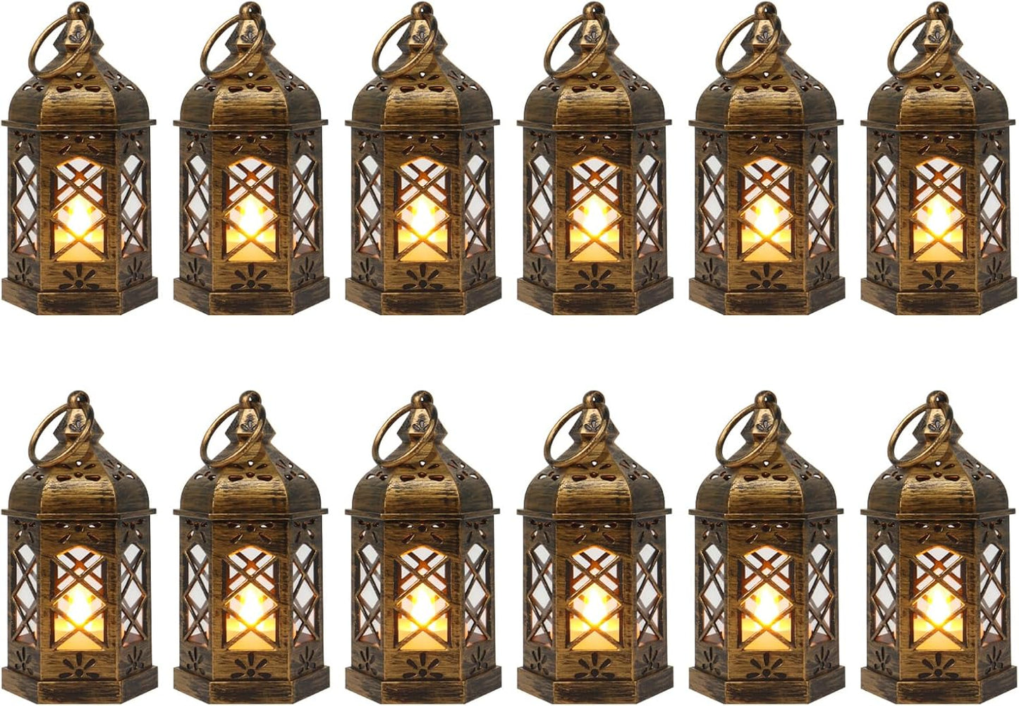 LLQ Mini Lantern with LED Candle, 12PCS Small Lanterns Decorative Indoor, Vintage Moroccan Lights for Halloween Decorations, Hanging Ornaments for Christmas, Table Centerpiece, Boho Wedding Decor