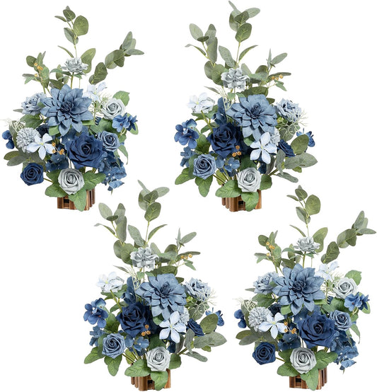 Ling's Moment 17.5" Tall Standing Artificial Flowers Arrangements 4pcs Fall Wedding Aisle Runner Chair Decorations Dusty Blue & Navy Centerpieces for Ceremony Reception Rose Floral Party Outdoor