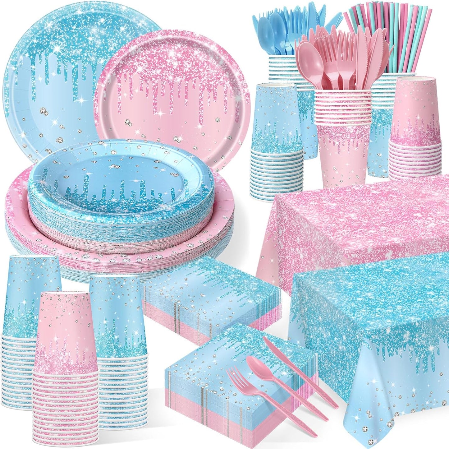 452 Pcs Gender Reveal Party Supplies Boy or Girl Party Decoration, Glitter Pink and Blue Paper Plates Napkins Cups Tablecloth Cutlery Straw for Baby Shower Birthday, Serves 50