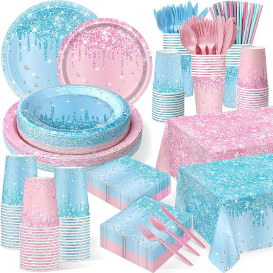 452 Pcs Gender Reveal Party Supplies Boy or Girl Party Decoration, Glitter Pink and Blue Paper Plates Napkins Cups Tablecloth Cutlery Straw for Baby Shower Birthday, Serves 50