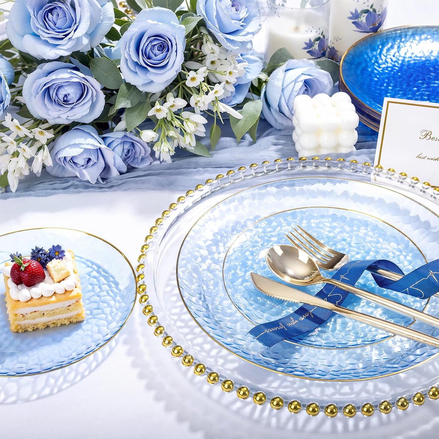 Rubtlamp 100 Pcs Blue And Gold Plastic Plates - 10 inch Clear Blue Gold Dinner Plates - Hammer Pattern Design - Fancy Disposable Plates - Heavy-Duty Party Plate for All Occasions