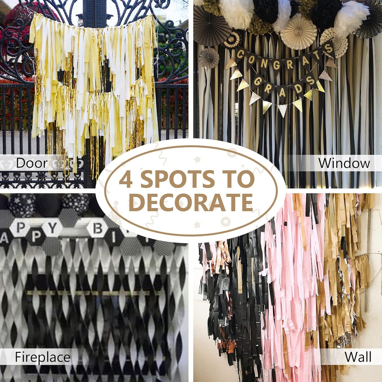 PartyWoo Crepe Paper Streamers 4 Rolls 328ft, Pack of Black and Gold Crepe Paper for Party, Wedding, Birthday, New Year's Eve Decorations (1.8 Inch x 82 Ft/Roll)