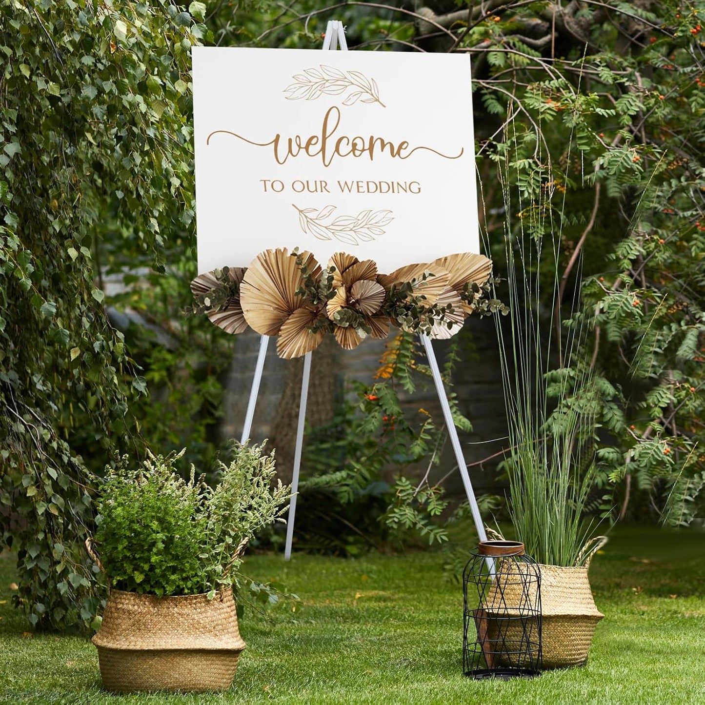 NianFeng Wooden Easel Stand for Sign, Easel Display Stand Floor for Wedding Sign with Adjustable Tray, 63-Inch, Tripod A-Frame Poster Light Duty, Welcome, Art Show & Baby Shower (White)