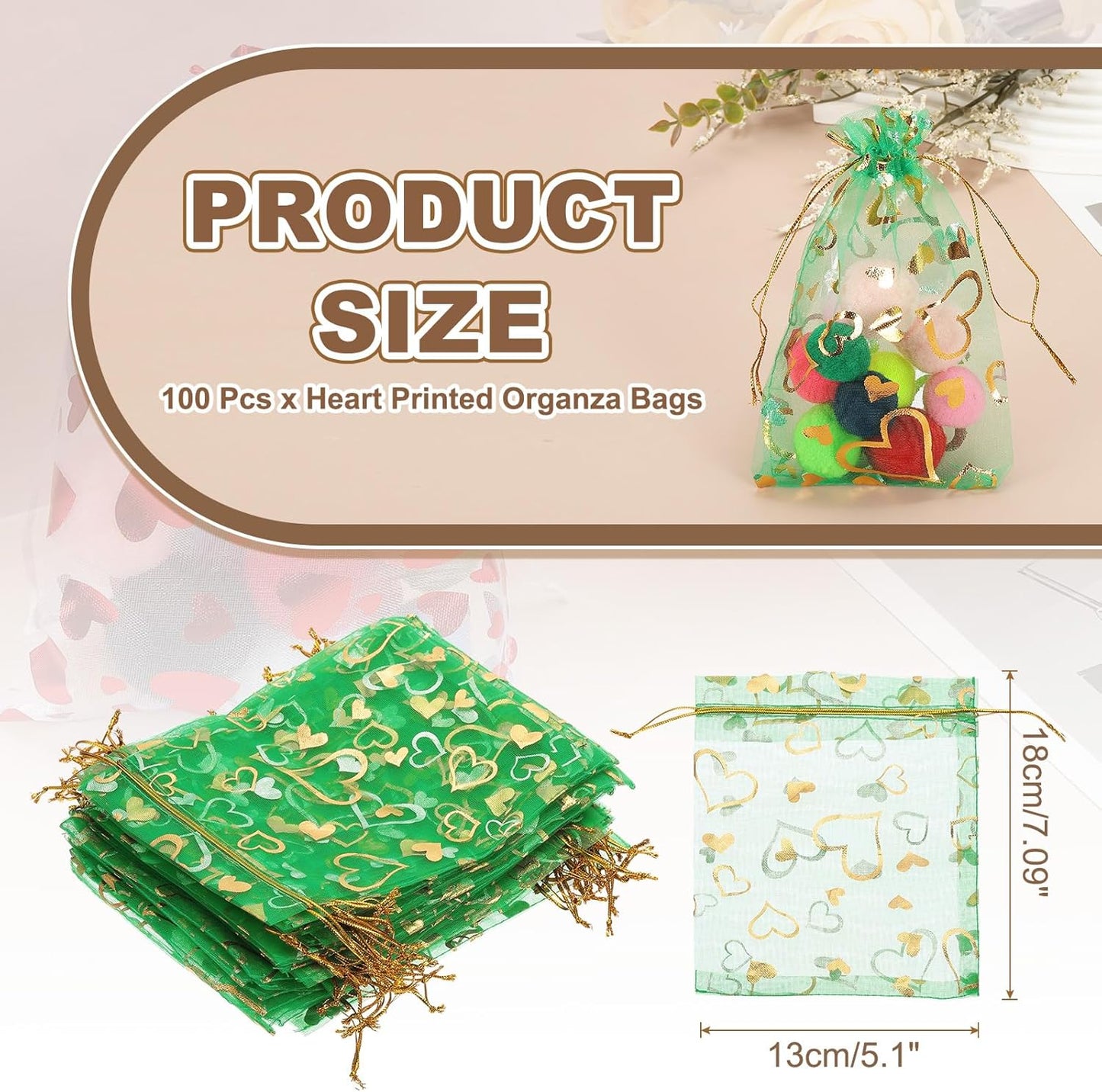 PATIKIL 100 Pcs 5x7 Inch Heart Printed Organza Bags, Green Sheer Heart Organza Bags with Drawstring for Christmas Candy Jewelry Party Wedding Favor Gift