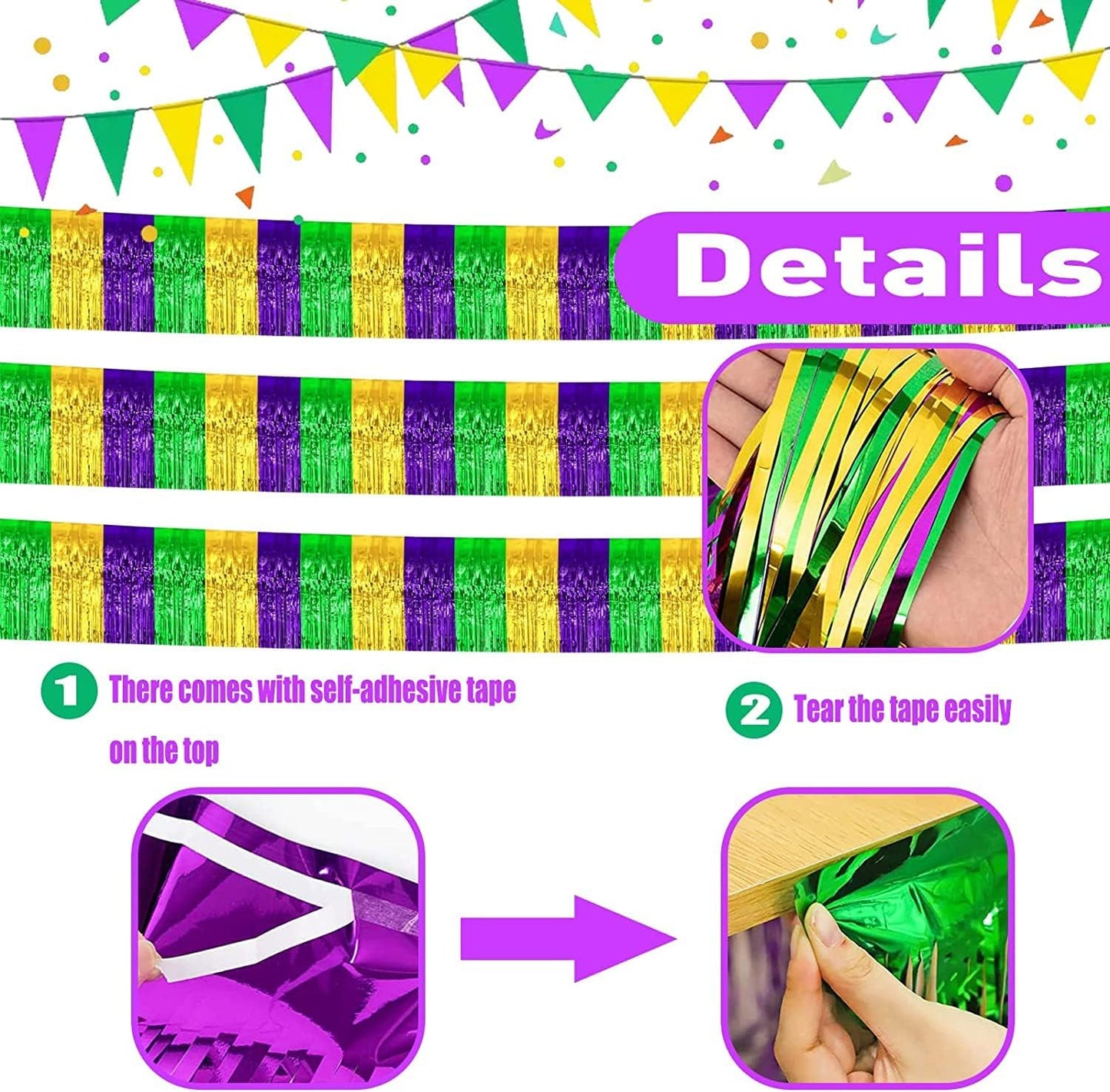 6 Pack 10 Feet Mardi Gras Foil Fringe Garland Metallic Tinsel Streamers Banner Wall Hanging Backdrop Banner for Parade Floats, Valentine's Day, Wedding, Birthday Party Decorations Gold Green Purple