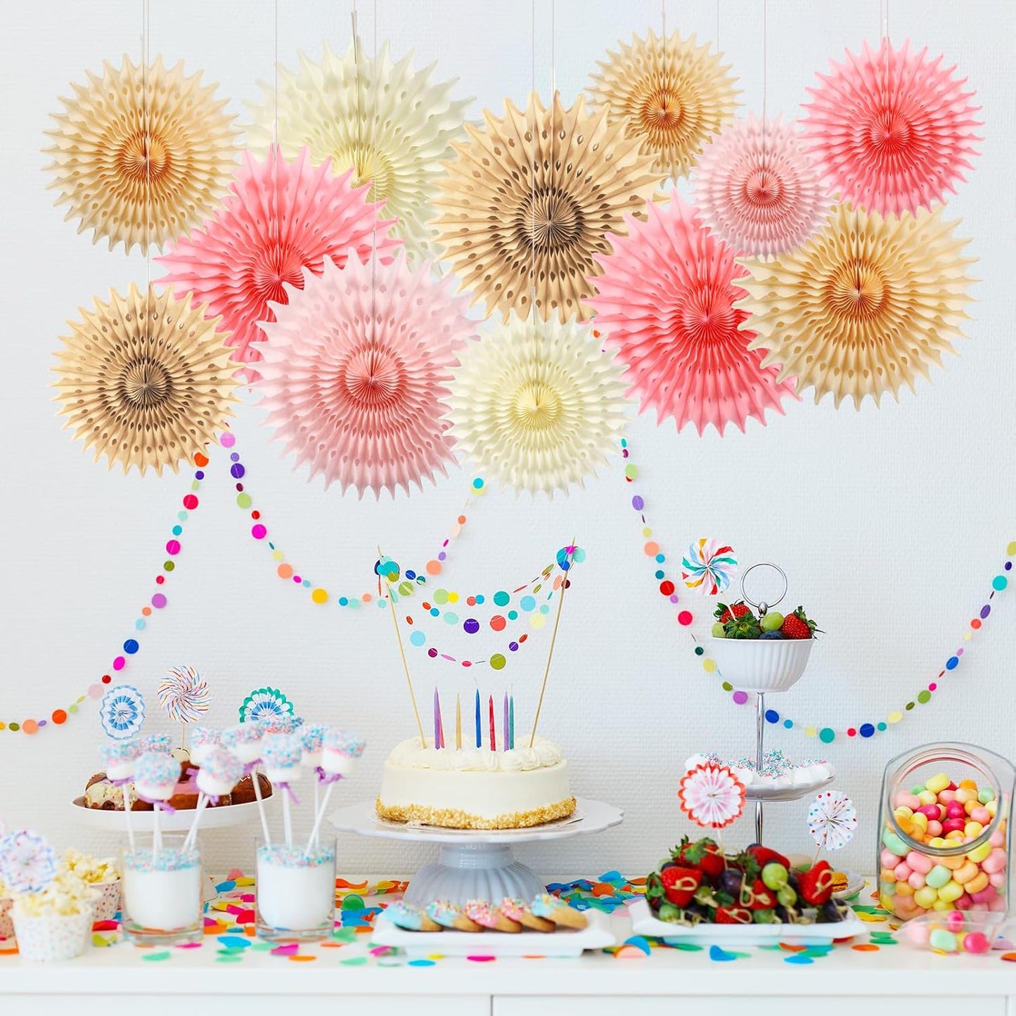 12PCS Paper Fans Champagne Gold Beige Boho Party Decorations Tissue Paper Flowers Decorations for Girl Groovy Birthday Baby Shower Wedding Bachelorette Room Wall Hanging Décor