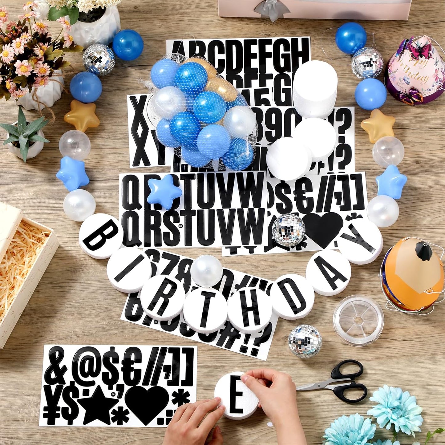 Giant Friendship Bracelet Garland Kit, DIY Birthday Banner with Letters Ball Jumbo Customizable Friendship Bracelet Decor for Halloween Christmas Wedding Party(Blue, Gold, White)