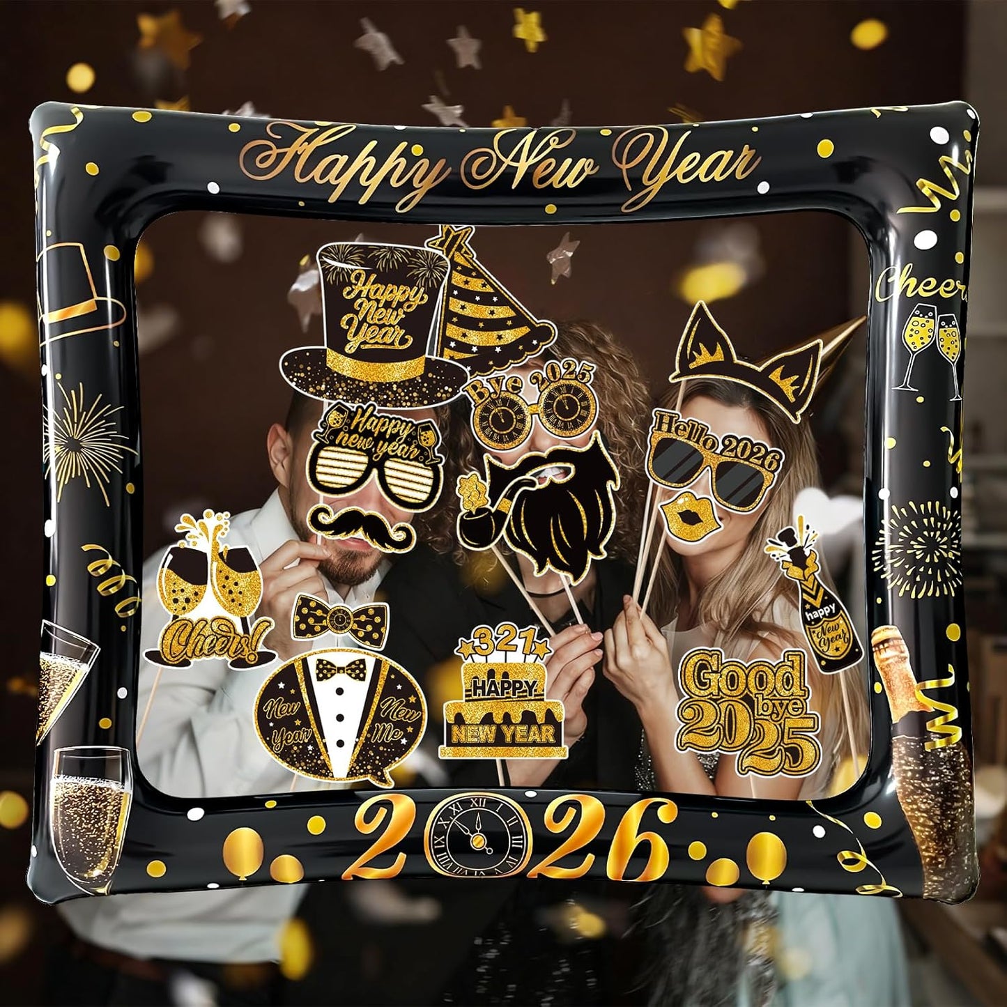 2026 New Year Photo Booth Inflatable Frame Kit, 30Pcs New Years Photo Booth Props with Inflatable Picture Frame Black Gold Decorations for New Year Eve Party Selfie Props Supplies