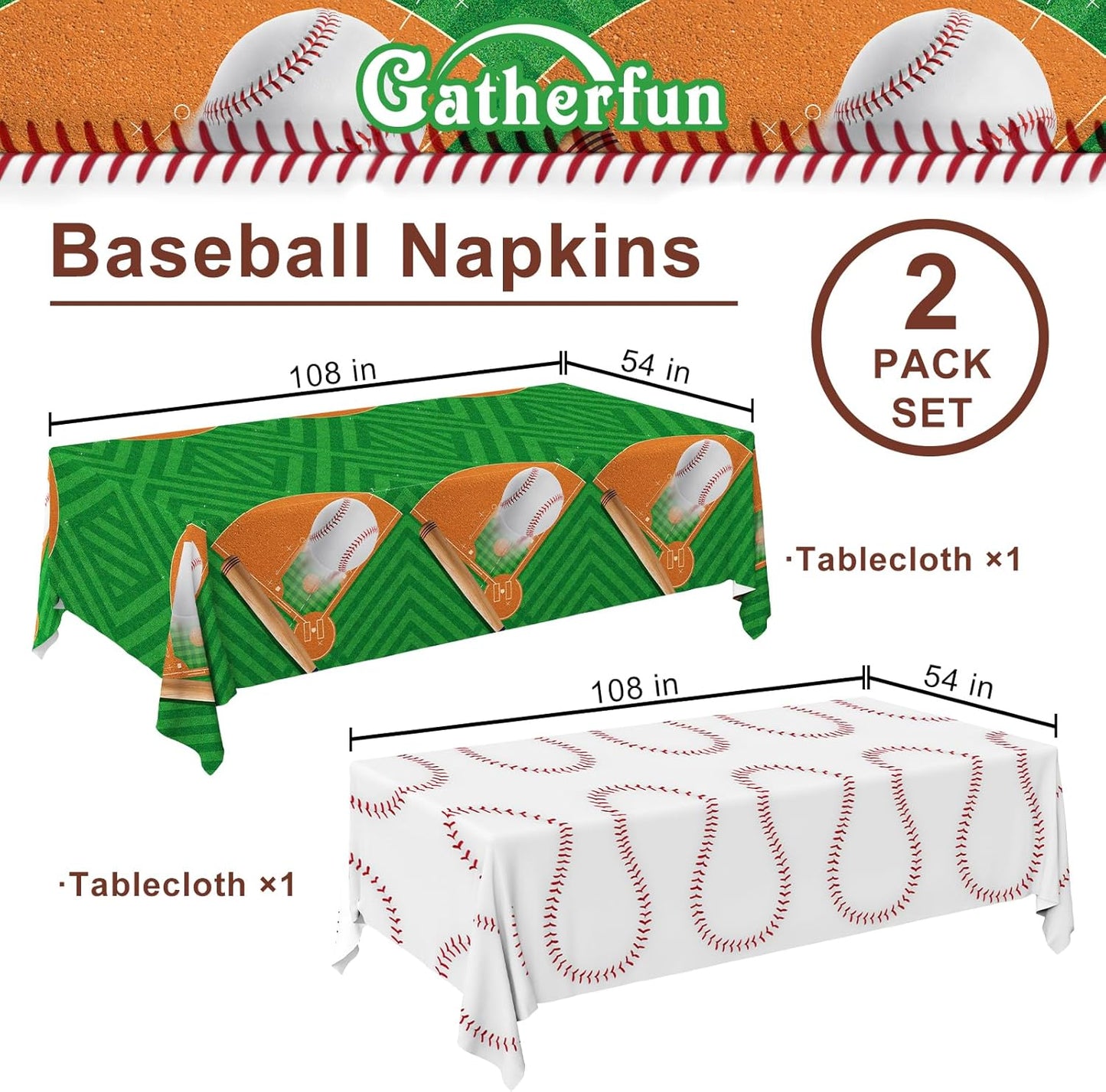 Gatherfun Baseball Party Supplies: 2-Pack Baseball Birthday Decorations with Disposable Plastic Tablecloth - Table Cover for Baseball Games & Parties, 54 x 108 Inch