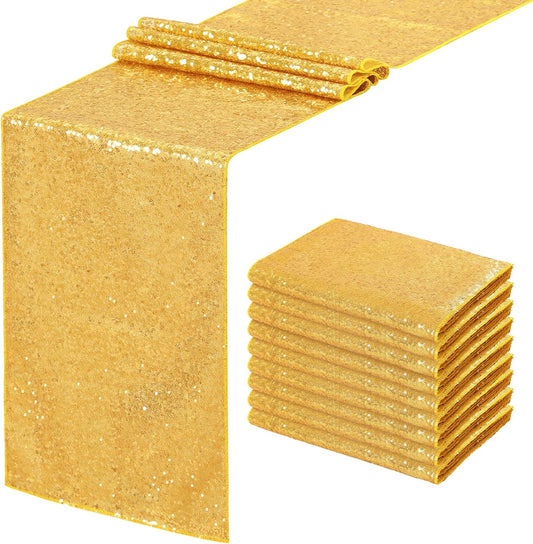 Gold Table Runners 10 Packs 12x108 Inches Sequin Dining Glitter Table Runner for Wedding Baby Shower Party Birthday Supplies Decorations