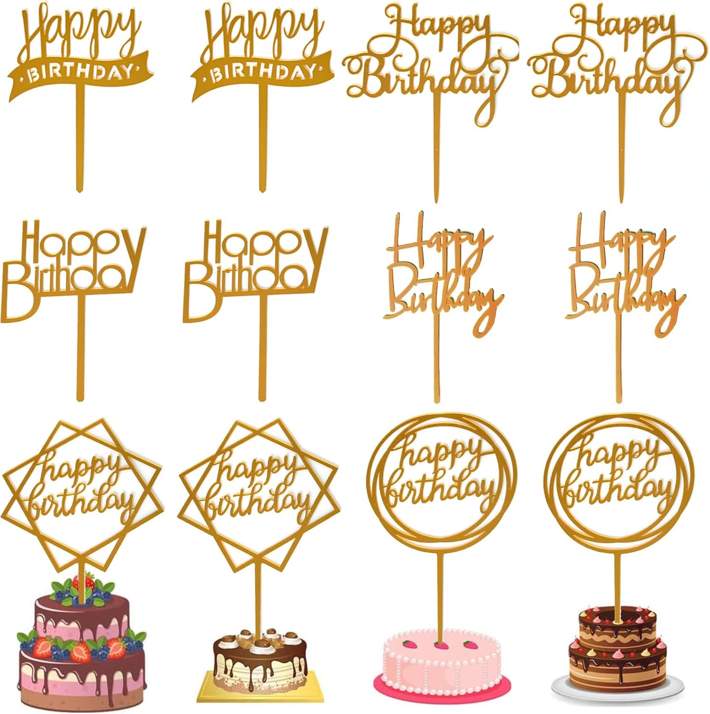 12 Pack Multi Styles Birthday Cake Topper Set, Acrylic Cake Bunting Decor Birthday Cake Picks Party Decorations Supplies(Gold)