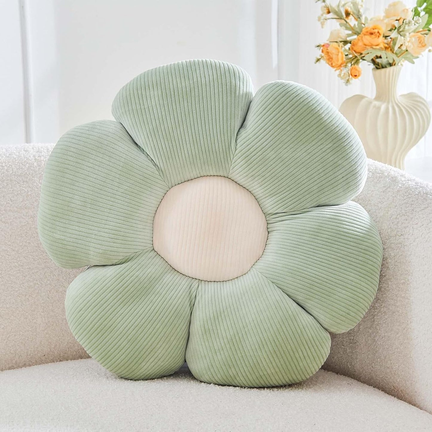 Sage Green Flower Pillow, 14.9" Cute Flower Shaped Floor Pillow, Aesthetic Floral Plush Daisy Decorative Throw Pillows for Bed Sofa Couch