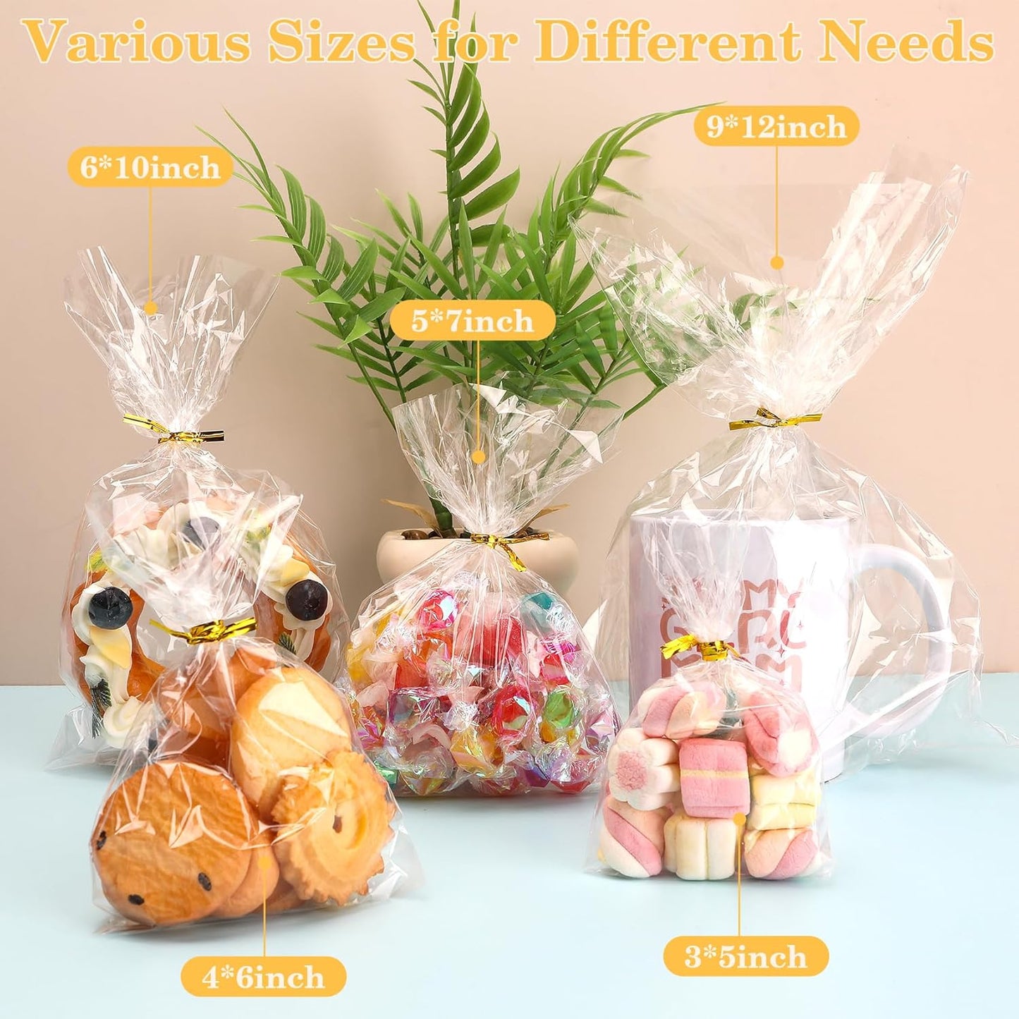 100 PCS Cellophane Treat Bags, Cidenbio 6x10 In Clear Cellophane Gift Bags with Twist Ties Plastic Goodie Bag for Party Favor Cookie Candy Popcorn Bakery Chocolate Gift Wrapping