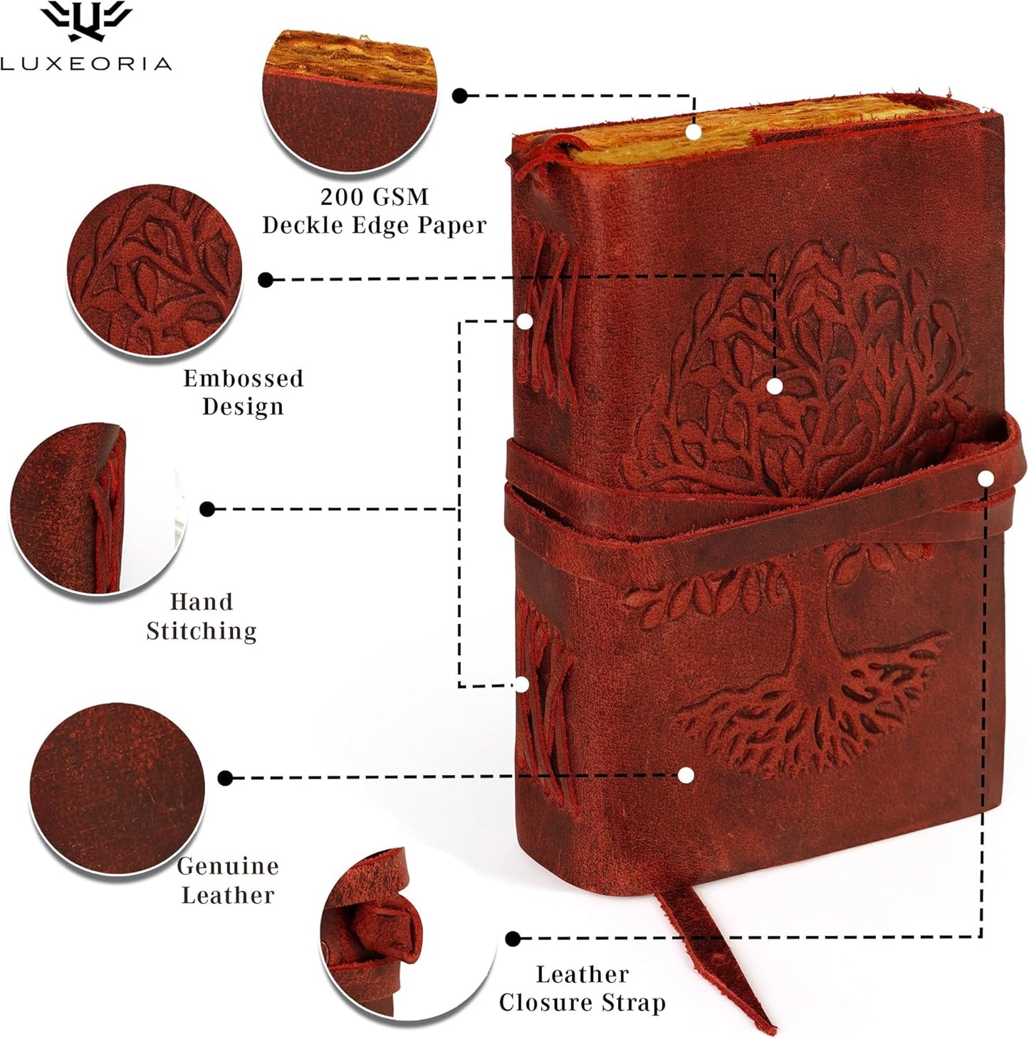 LUXEORIA Tree Of Life Leather Journal for Women and Men, Handcrafted Leather Journal for Writing Womens, Sketchbook, Travel Diary with Unlined Deckle Paper, Wine Red 5x7