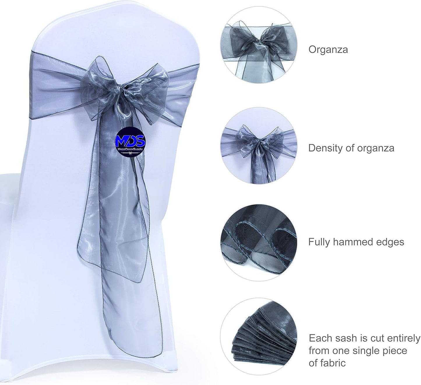 MDS Pack of 150 PCS Organza Chair Sashes Wider Dining Chair Bows Ribbon Tie Back for Wedding Party Birthday Bridal Shower Reception Event Banquet Home Chair Cover Decoration - Silver Gray
