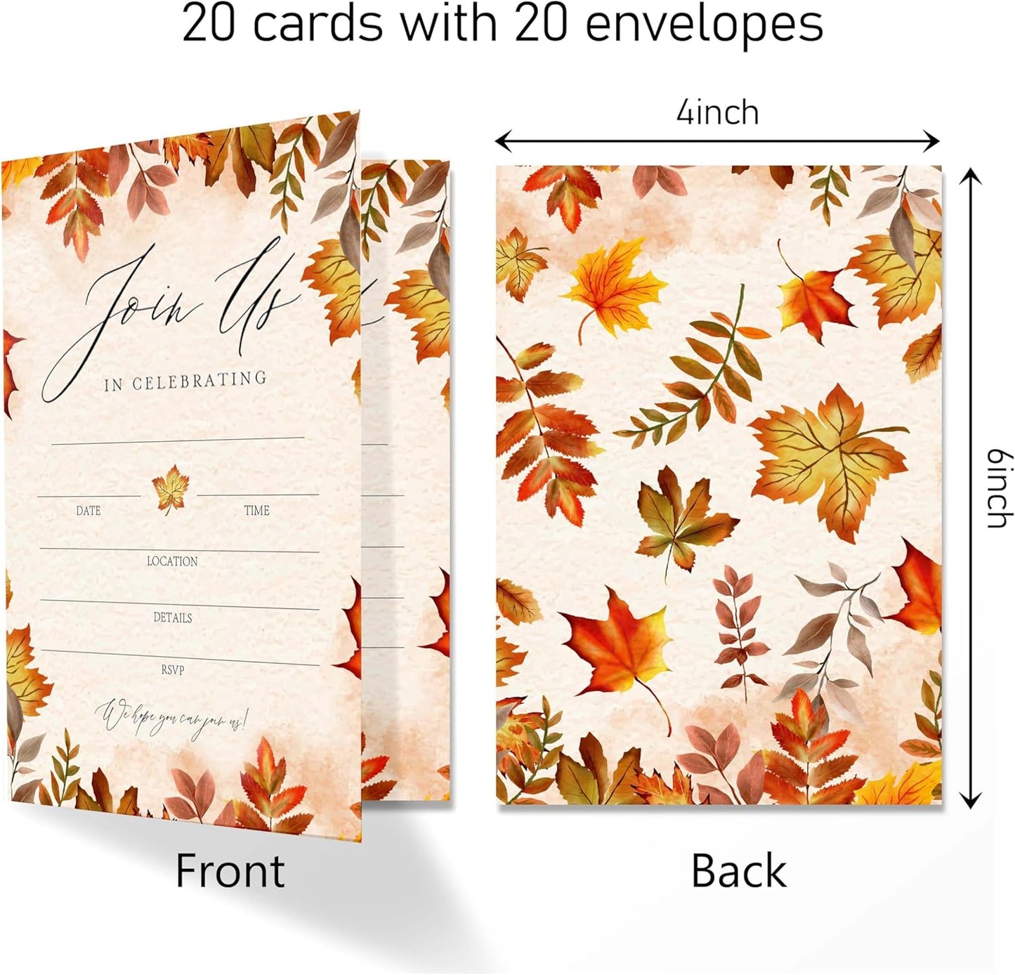 Join Us In Celebrating - Fall Invitation Cards with Envelopes Pack of 20 (4"x6") - Autumn Themed Leafy Invitations for Baby Shower, Wedding, Bridal Shower, Baptism, etc.(149)