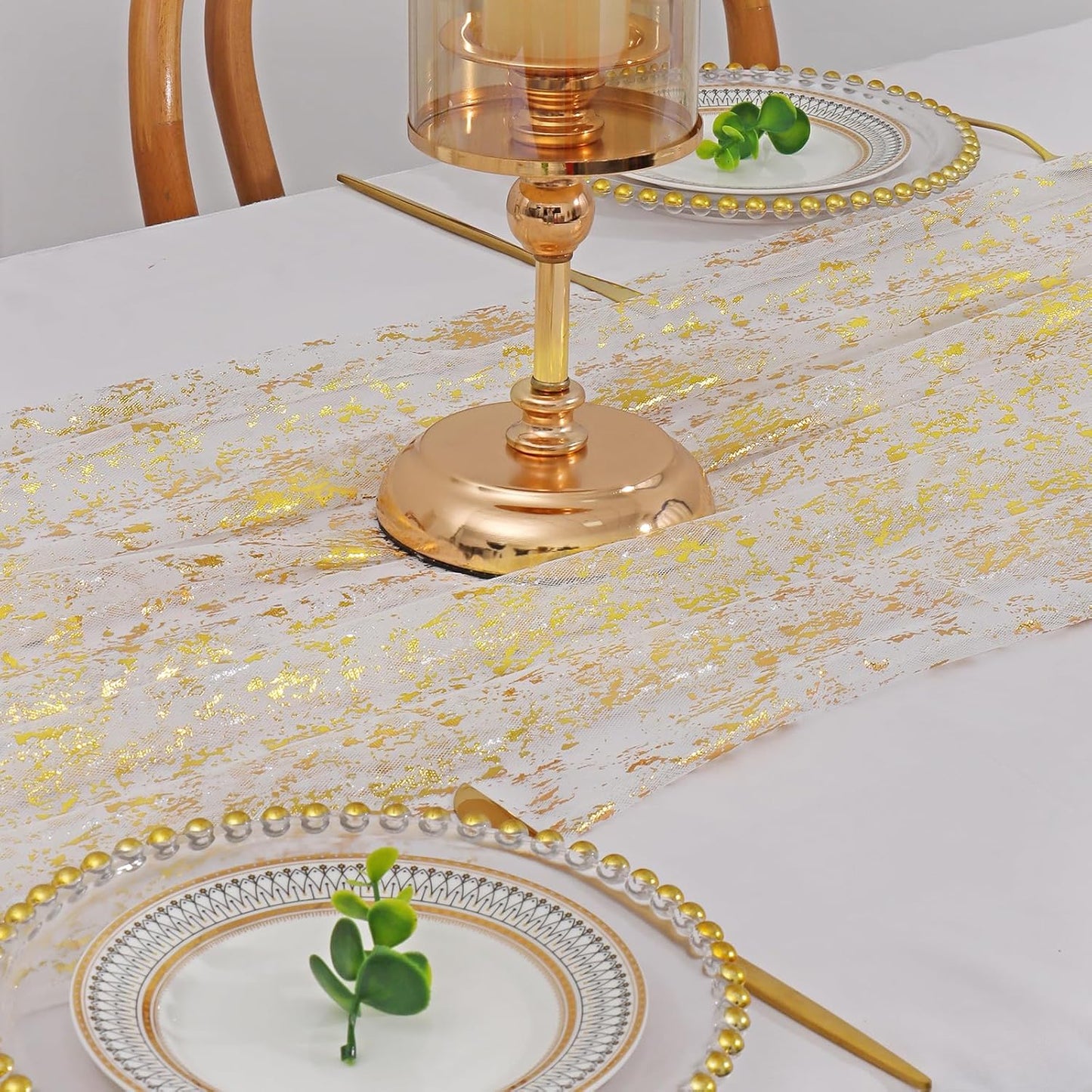 LOMOHOO 10 Ft Gold Table Runner, Golden Sheer Sequin Table Runners 120 Inches Long Glitter Metallic Foil Lace Fabric Table Decor for Birthday Party Wedding Anniversary Centerpiece (2pcs)