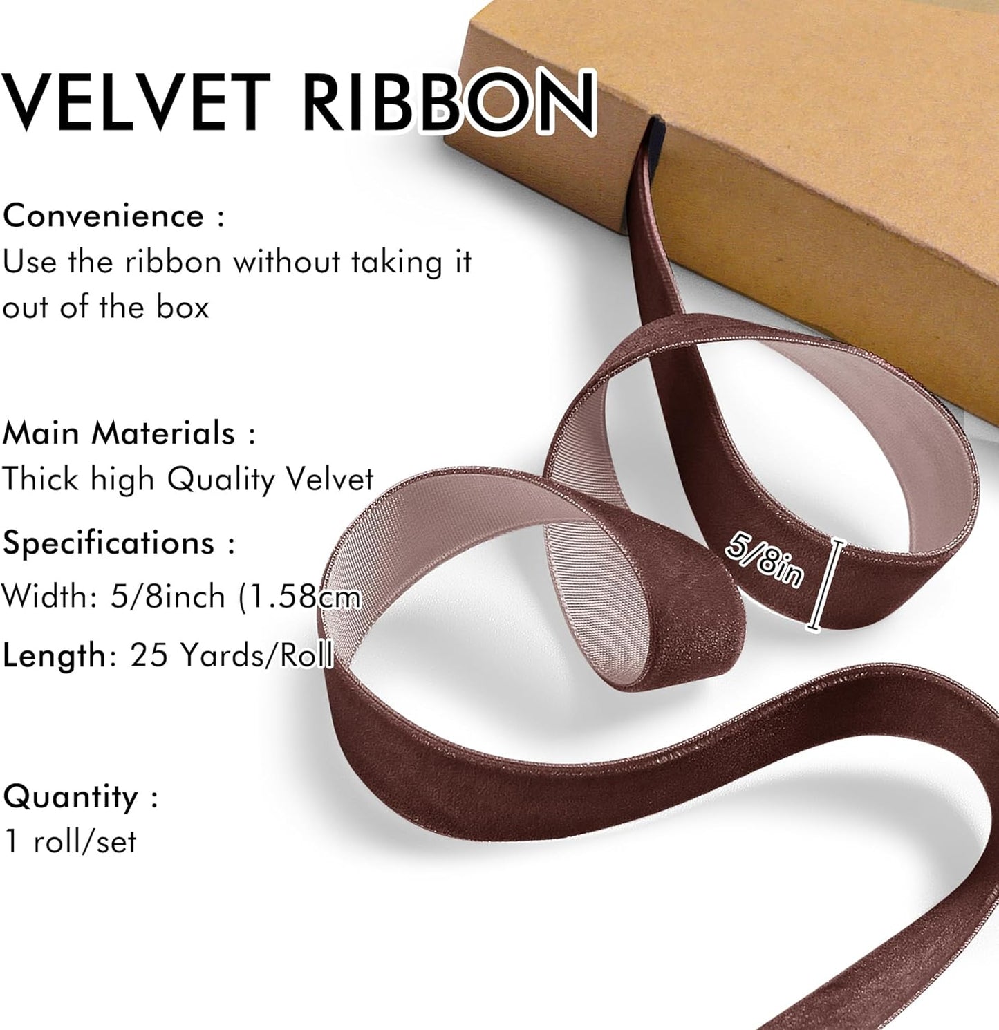 Brown Velvet Ribbon 5/8'' 25 Yards for Christmas Tree, Gift Wrapping, Flower Bouquet, Wreath Decorations, Bow Making