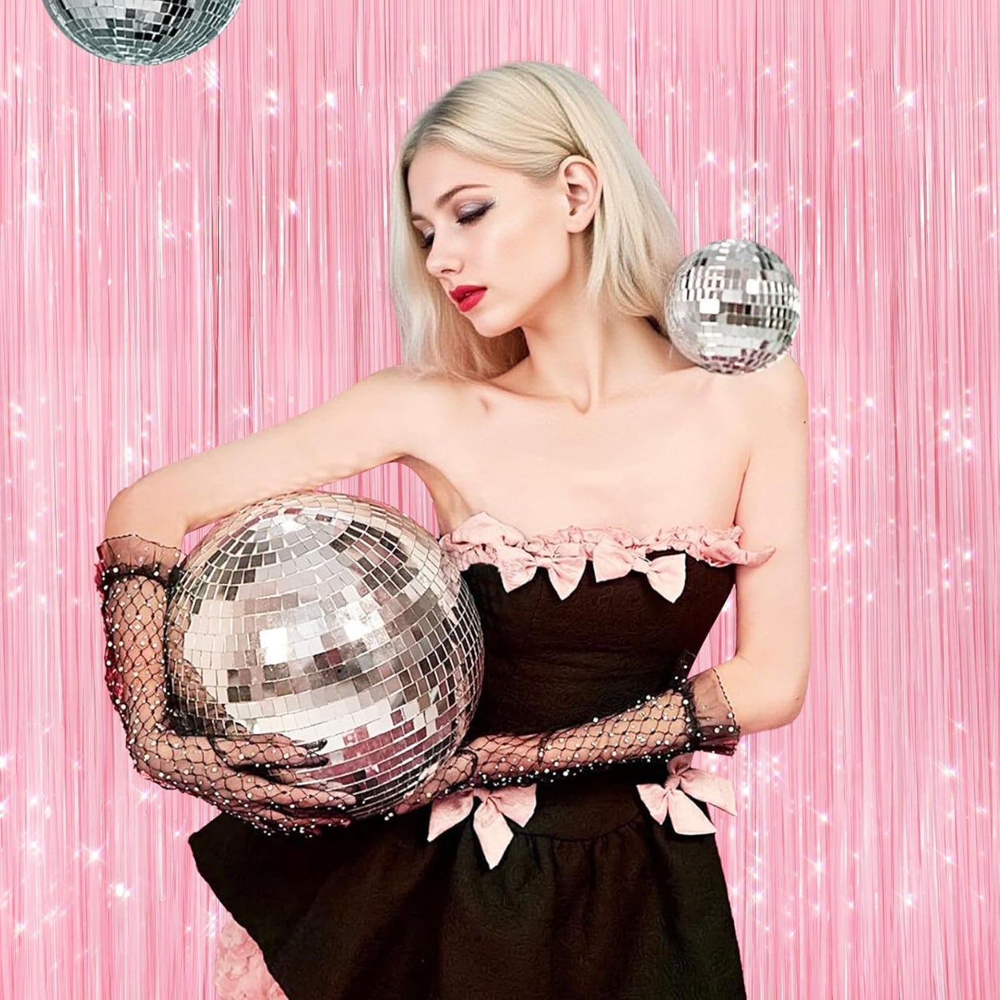 2Pack Pastel Pink Metallic Tinsel Foil Fringe Curtains, Pink Backdrop, Door Streamers Photo Booth Backdrop for Birthday Party, Tinsel Curtain Backdrop for Shower Bachelorette Xmas Party Decorations