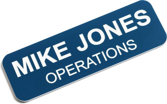 Custom Engraved Name Tag Badges – Personalized Identification with Pin or Magnetic Backing, 1 Inch x 3 Inches, Blue/White