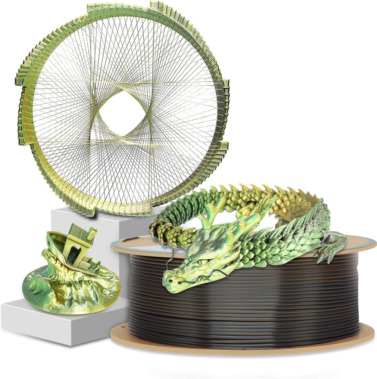 YOUSU Silk PLA 3D Printer Filament, Tri-Color Coextrusion PLA Filament 1.75mm,Shiny Silk Coextruded PLA,Silk Gold-Green-Black Three-Color Filament,1kg/2.2lbs