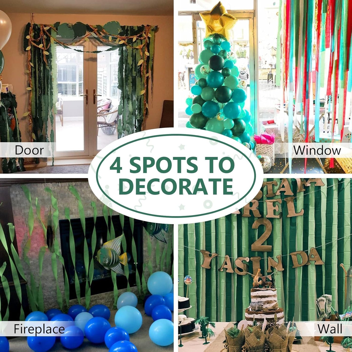 PartyWoo Dark Green Crepe Paper Streamers 4pcs 328ft Pack of Sage Emerald Forest Hunter Green Crepe Paper Streamers for Birthday Baby Shower Woodland Dinosaur Jungle Football Theme Party Decorations