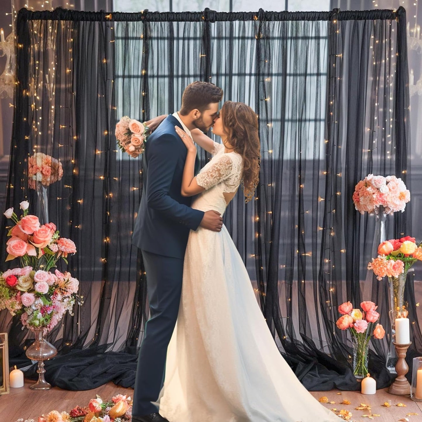 30×10ft Black Tulle Backdrop Curtain with Lights String for Parties, Sheer Curtain Backdrop Drapes for Wedding Party Photography Background