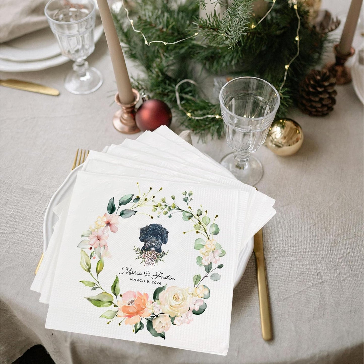 Luxury Personalized Dog Wedding Napkins, Personalized Cocktail Napkins For Bar, Customized Bridal Shower, Engagement Party