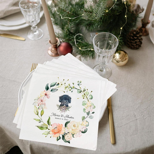 Luxury Personalized Dog Wedding Napkins, Personalized Cocktail Napkins For Bar, Customized Bridal Shower, Engagement Party