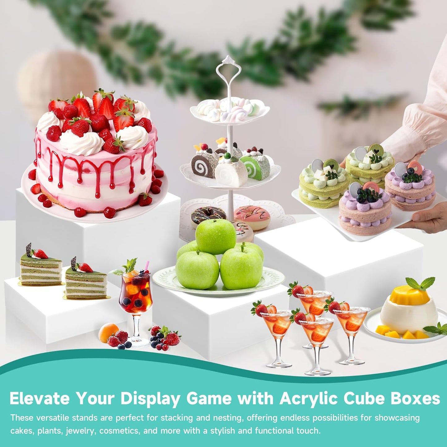 6Pcs Buffet Risers,Food Risers for Buffet Table Display Stand Shelf for Party Catering Dessert Jewelry Collectibles Acrylic Cube Boxes Display Nesting Risers (white-S(5,6,6.8,7,7.5,8)