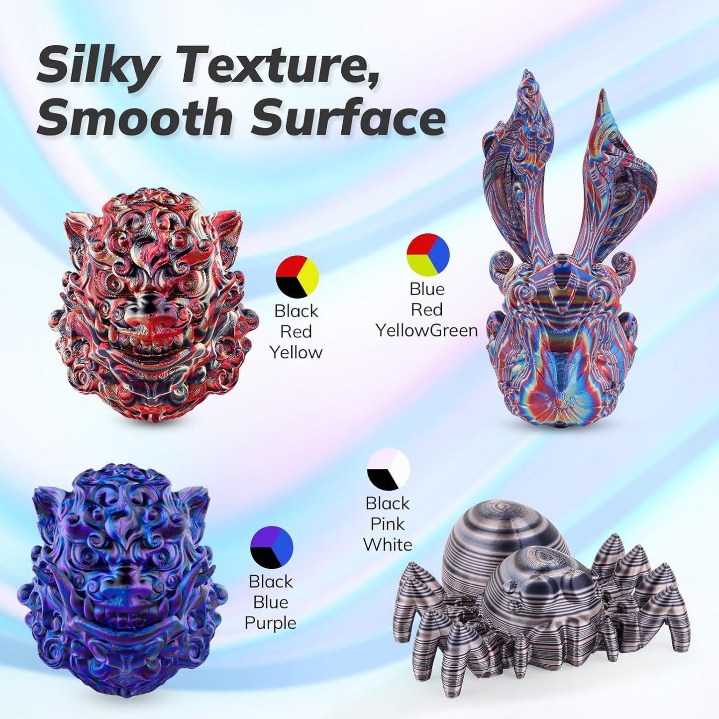 AMOLEN Silk PLA 3D Printer Filament Bundle, Multicolor Rainbow Filament 1.75mm Pack, Fast Color Change 3D Printing Filament for Most FDM 3D Printer, 1kg X 4 Spools