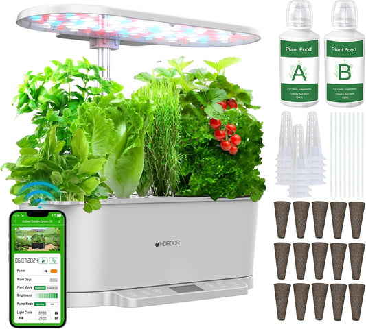 Hydroponics Growing System Kit APP Controlled, Indoor Herb Garden Hydroponic 15 Pods 36W Grow Light, Smart Indoor Garden, Height Adjustable to 30", Water Shortage Alarm, Quiet Pump, Auto Timer, White