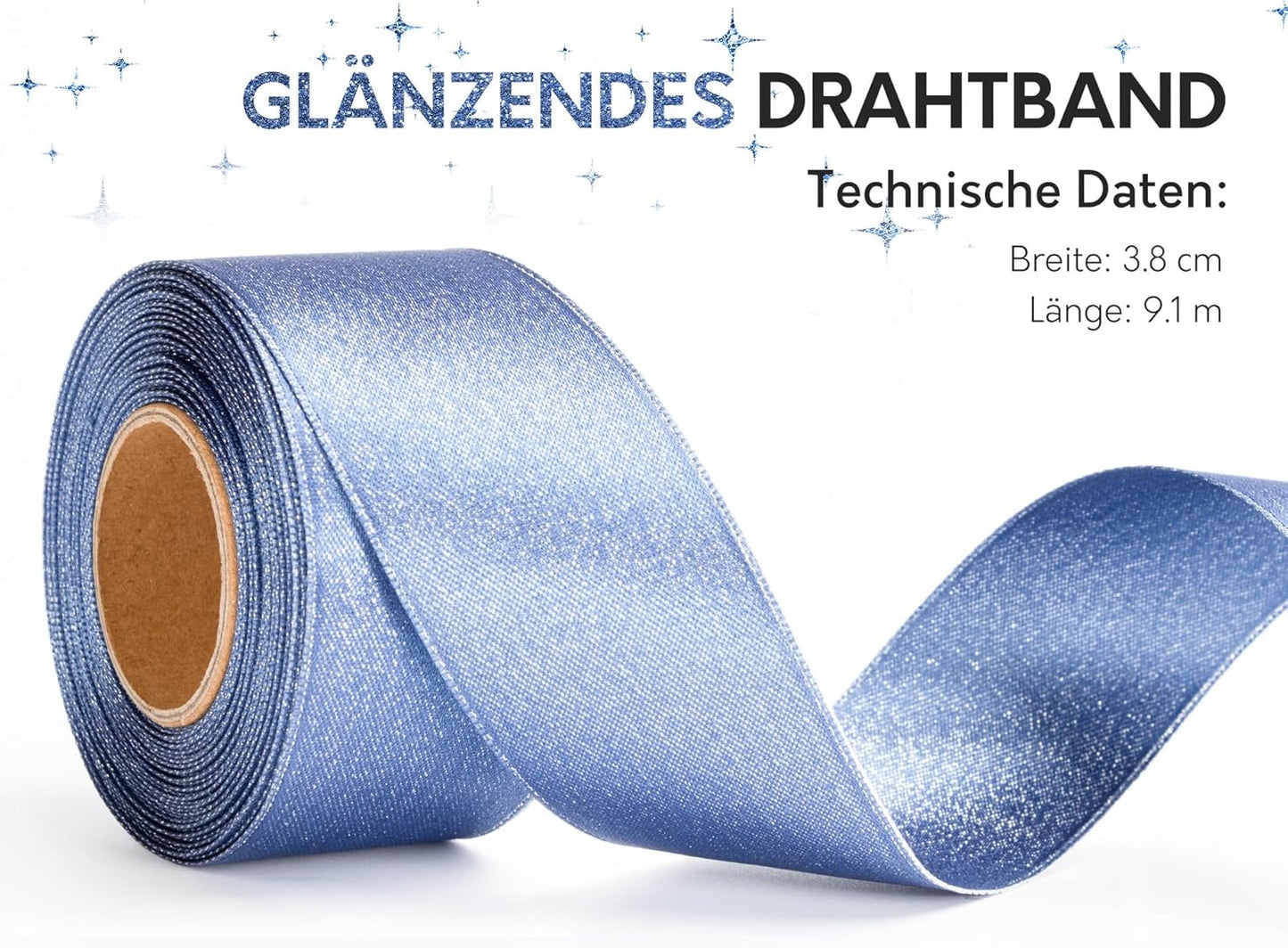 Dusty Blue Satin Wired Ribbon 1-1/2 Inch Double-Faced Sliver Glitter Christmas Ribbons for Wreath, Tree Decoration, Gift Wrapping, Home Decor 10 Yards