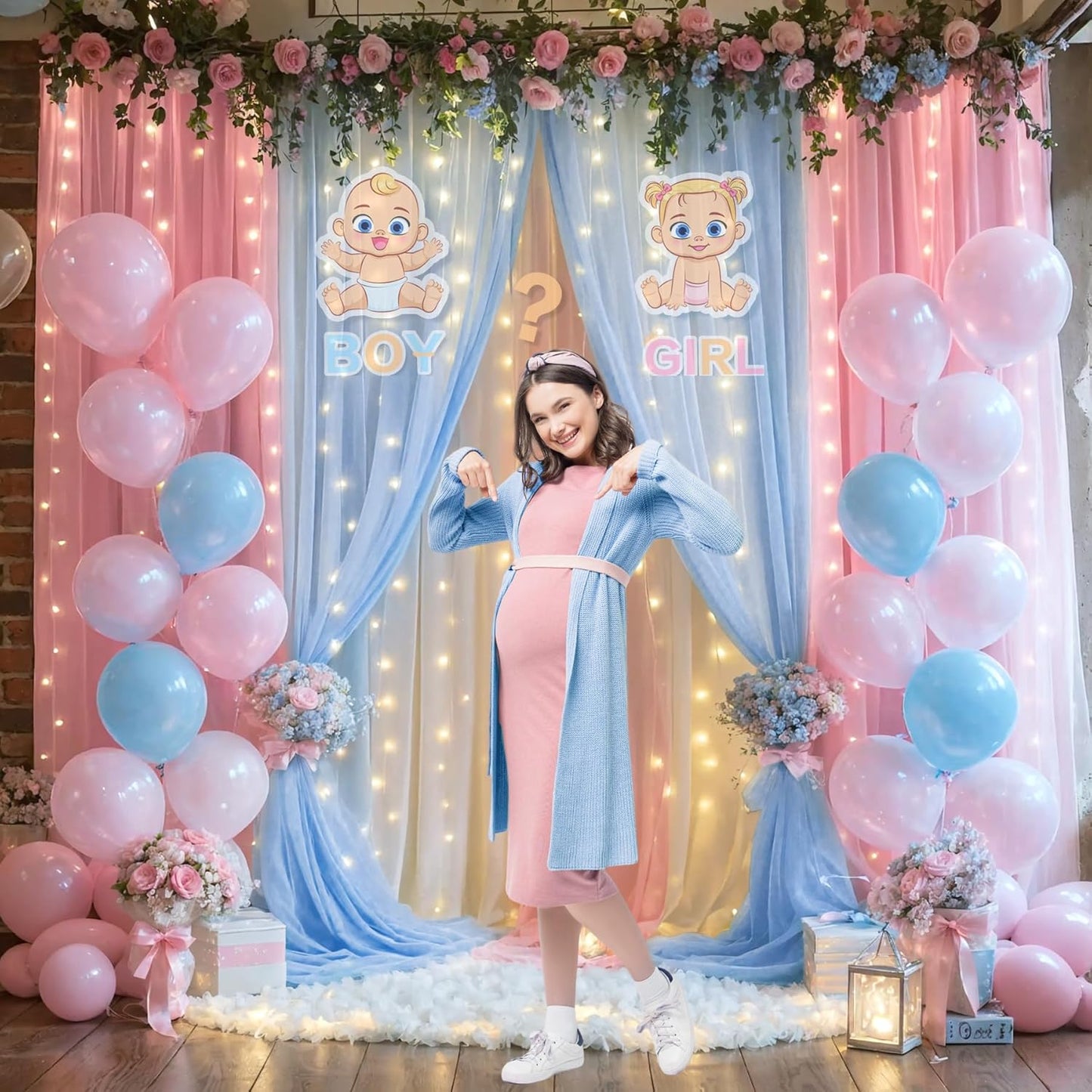 Pink Blue Sheer Tulle Backdrop Curtains with Lights String for Gender Reveal Baby Shower Decorations for Boy or Girl Birthday Party Photo Shoot Backdrop Background Decorations 2 Panels 5×8ft