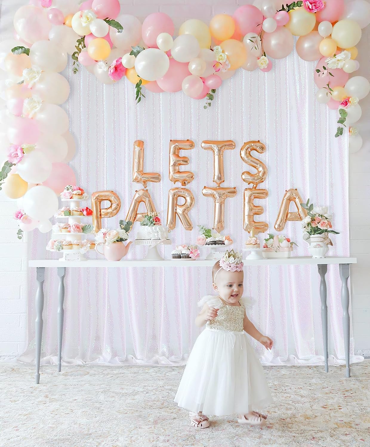 8ft x 8ft White Iridescent Sequin Backdrop Curtain Sparkly Background Drapes for Wedding Birthday Baby Shower Event Decorations