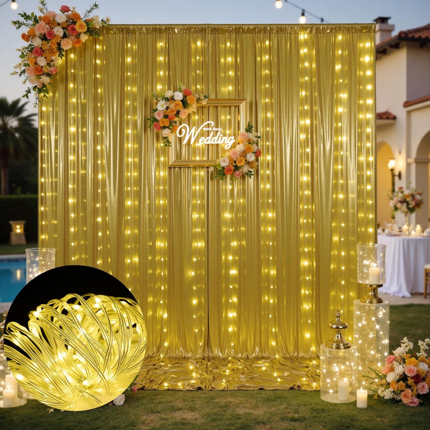 10x10 Gold Sequin Backdrop Curtain with Lights-Wrinkle Free Thick Glitter Backdrop Drapes for Wedding Parties Events Halloween Decor-2 Panels 5×10ft Shimmer Photo Booth Background for Photography