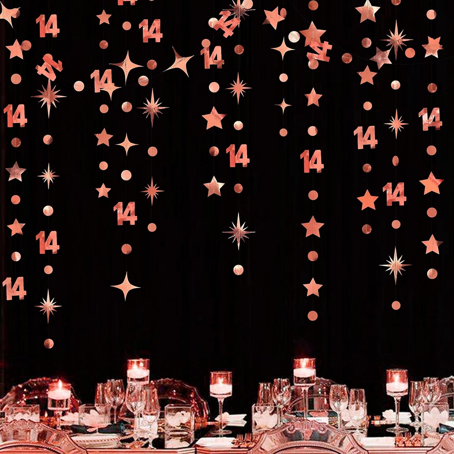 52Ft Rose Gold 14th Birthday Decorations Number 14 Circle Dot Star Garland Metallic Hanging Streamer Banner Backdrop for Girls Happy 14 Year Old Fabulous Birthday Fourteen Anniversary Party Supplies